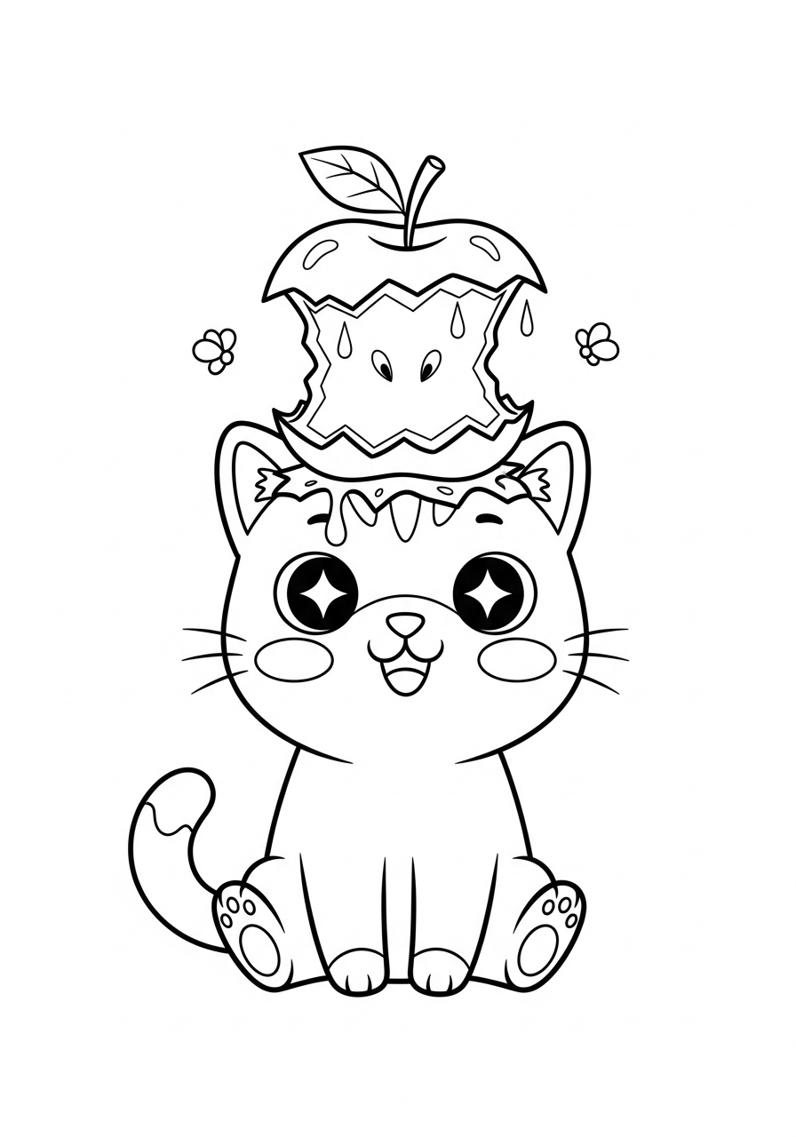 Kawaii cat with apple coloring page